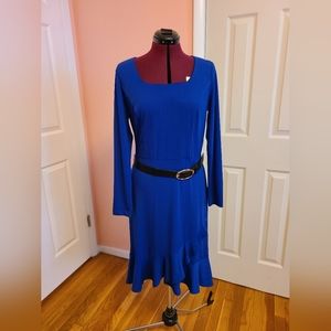 Blue Dress with Faux Leather Belt and Ruffle Hem